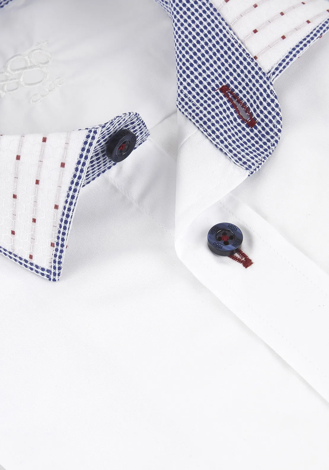 1880 Club Boys Long Sleeve Shirt with Pattern Collar, White