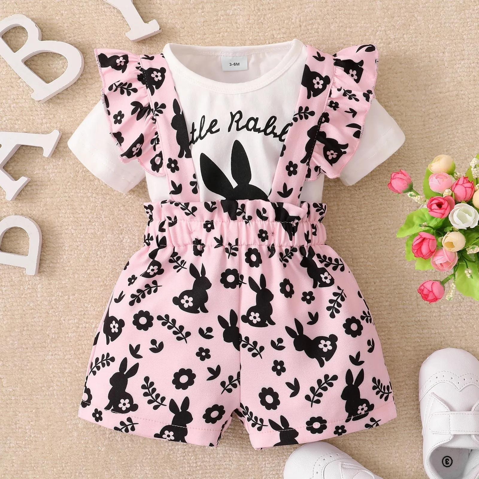 2 Pieces Set Baby Girls Rabbit Cartoon Print T-Shirts And Rompers