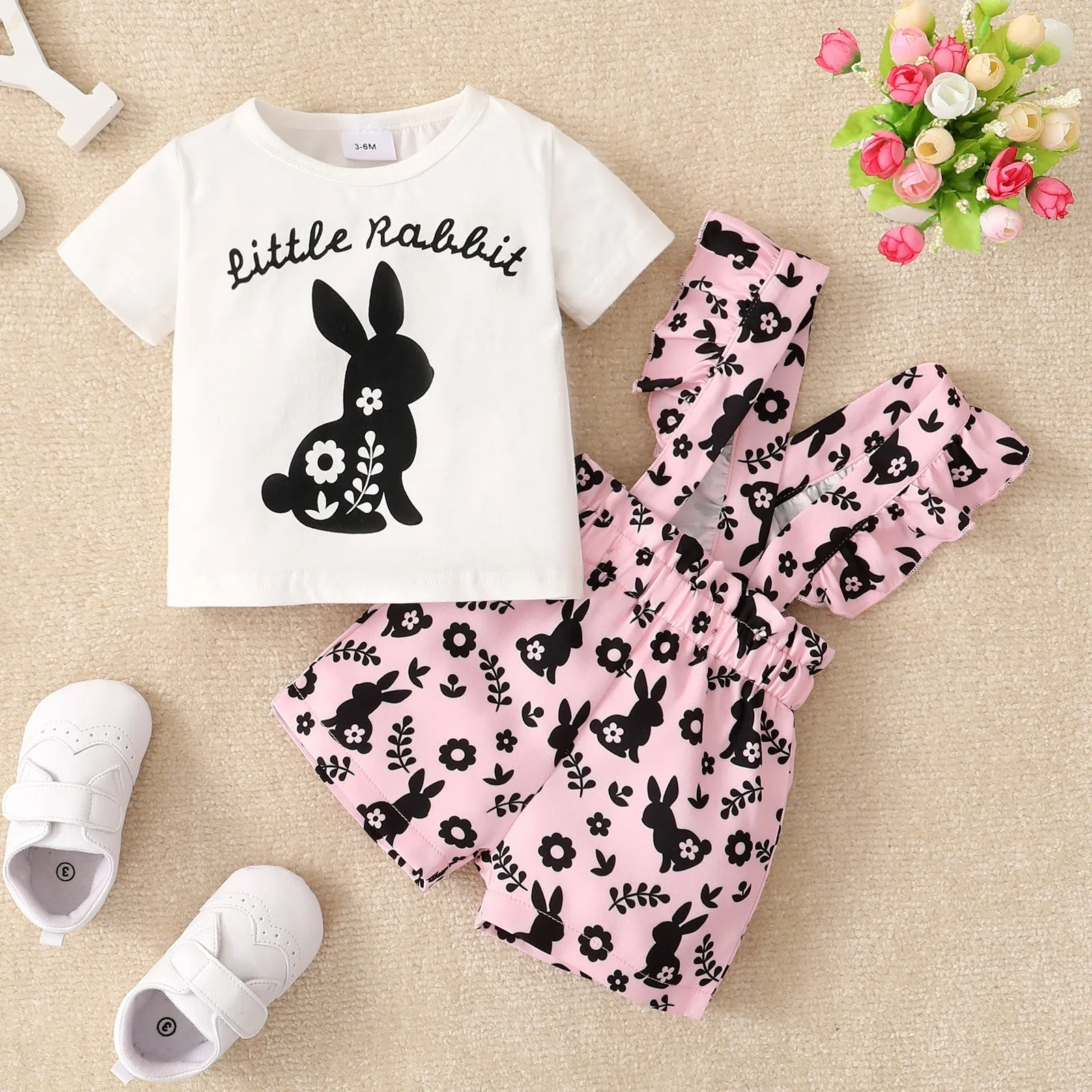 2 Pieces Set Baby Girls Rabbit Cartoon Print T-Shirts And Rompers