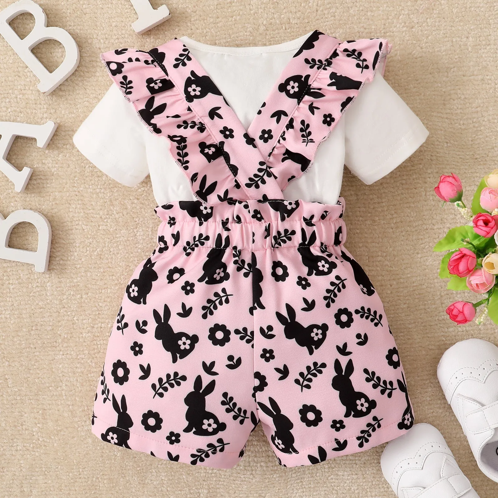 2 Pieces Set Baby Girls Rabbit Cartoon Print T-Shirts And Rompers