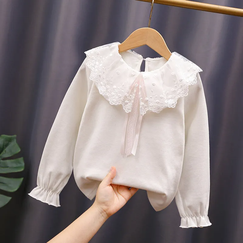 3-10Years Kids Girls Lace Doll Collar Stretch Cuffs White Top Toddler GirlsBottoming Shirt Wholesale Childrens Clothing In Bulk