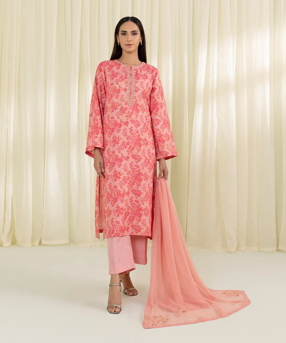 3 Piece - Embroidered Raw Silk Suit