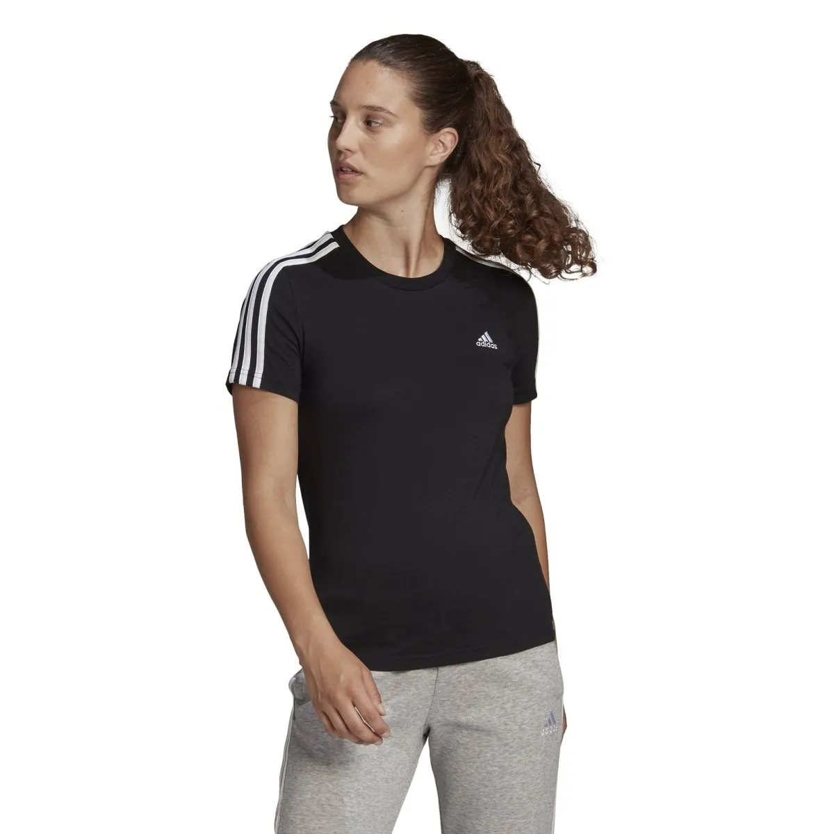 ADIDAS WOMEN'S LOUNGEWEAR ESSENTIALS SLIM 3-STRIPES BLACK TEE