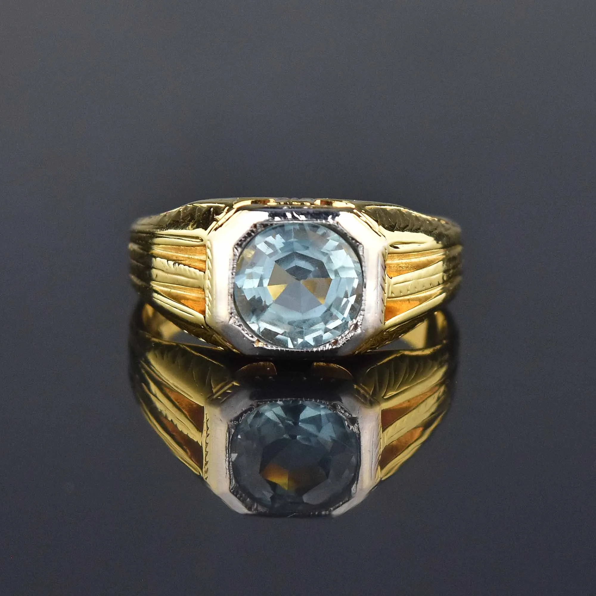 Art Deco 14K Gold European Cut Aquamarine Ring, Sz 9.75