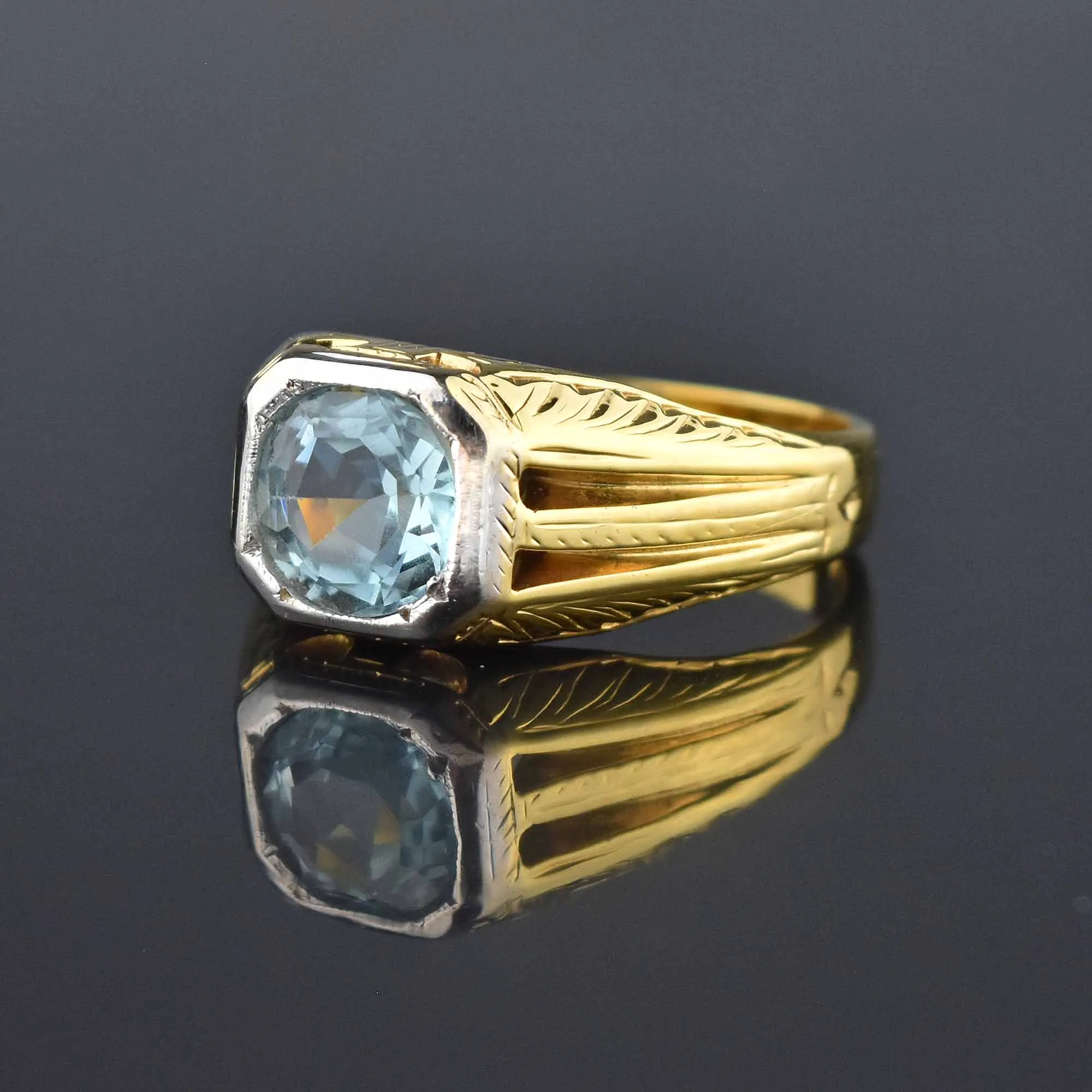 Art Deco 14K Gold European Cut Aquamarine Ring, Sz 9.75