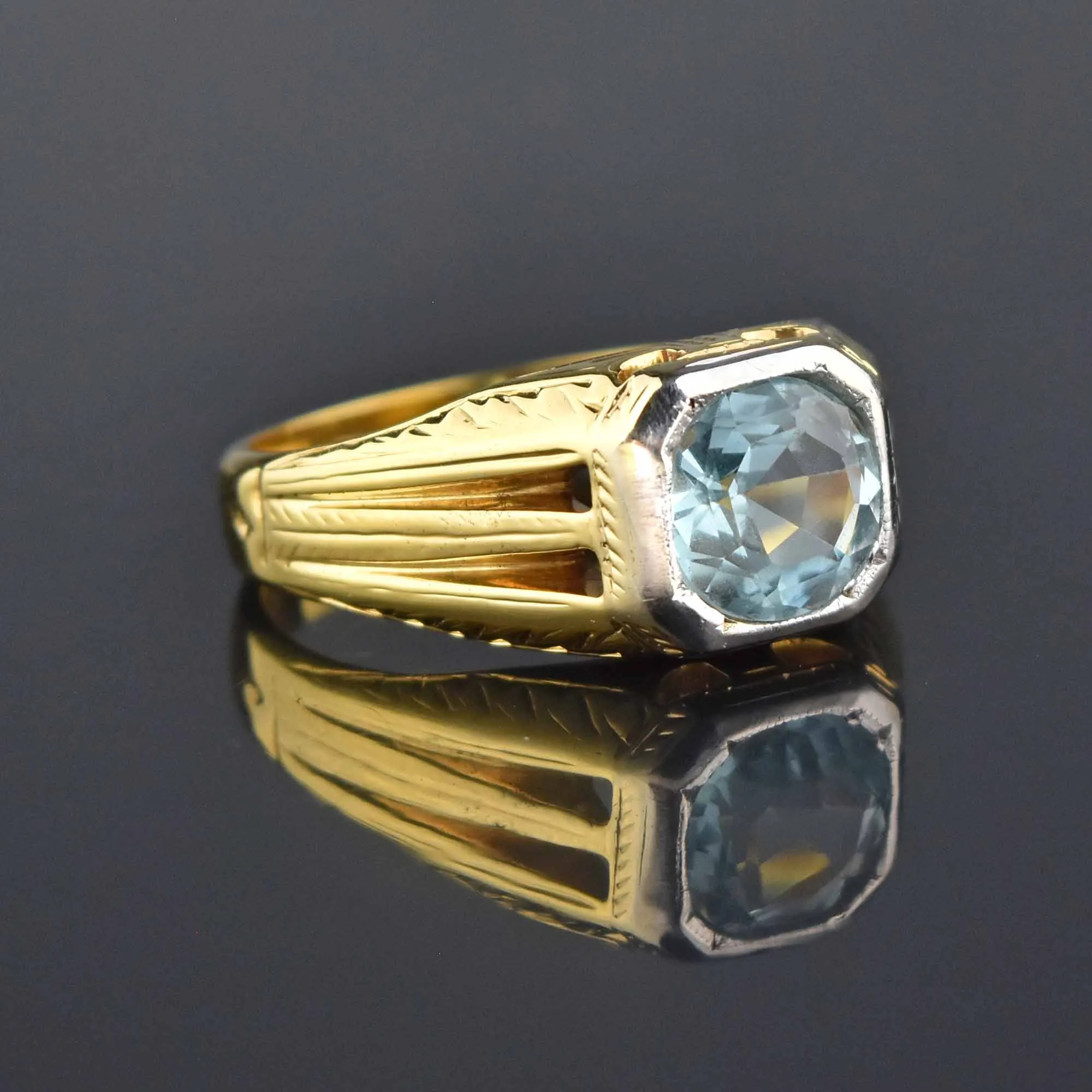 Art Deco 14K Gold European Cut Aquamarine Ring, Sz 9.75