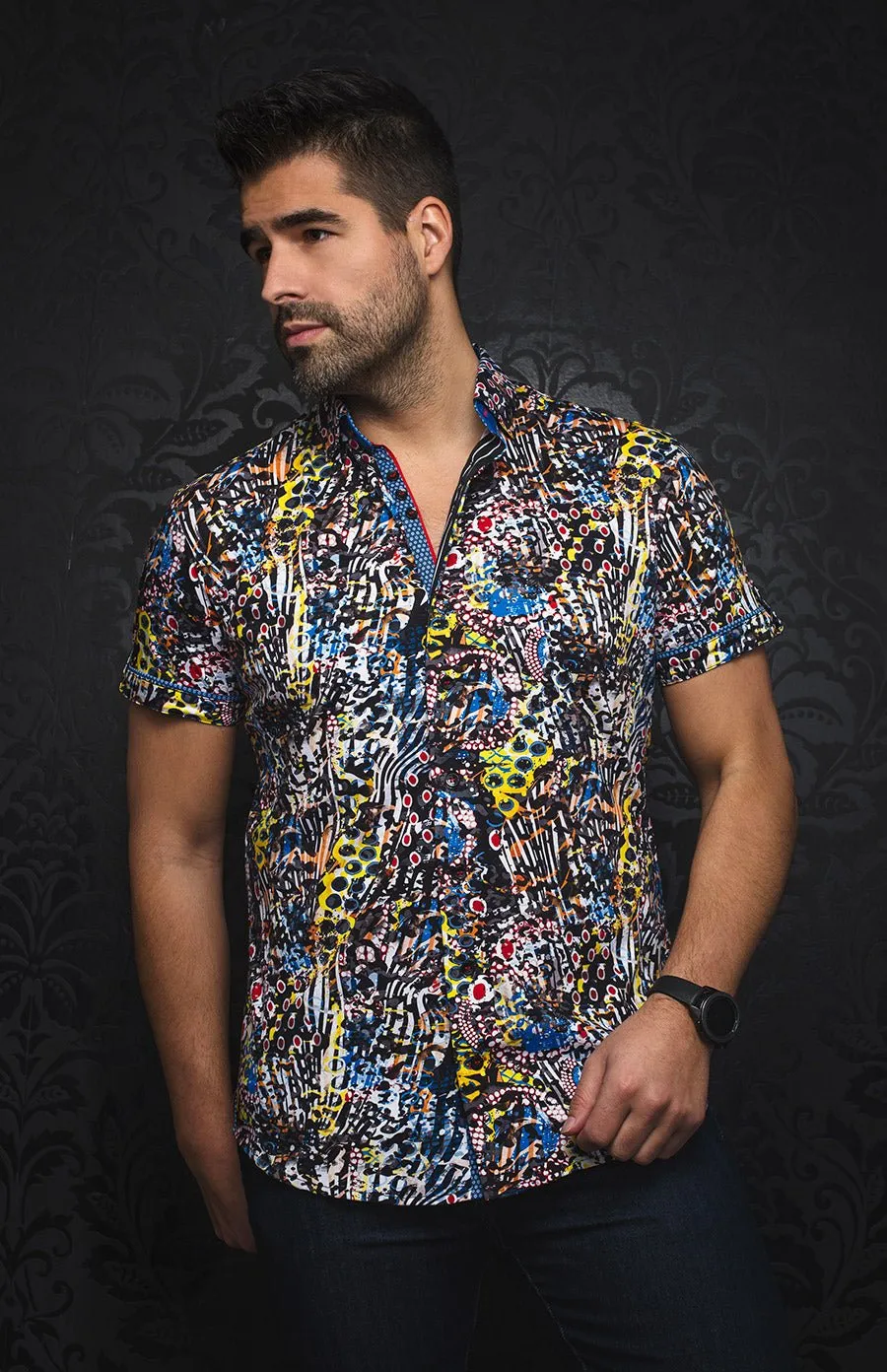 Au Noir Short Sleeve Stretch Shirt | Futuna Yellow Multi