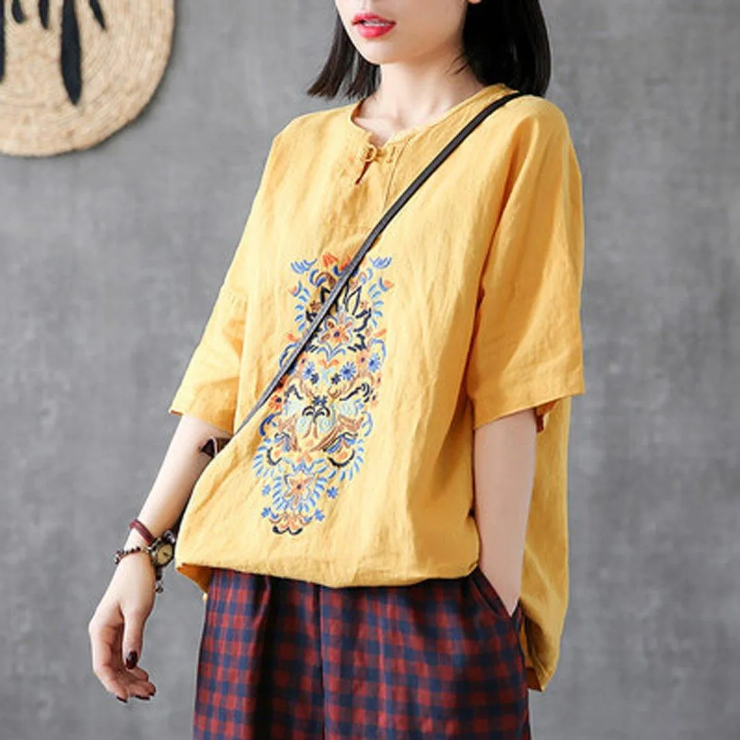 Babakud Embroidery Vintage Casual Loose Linen T-Shirt