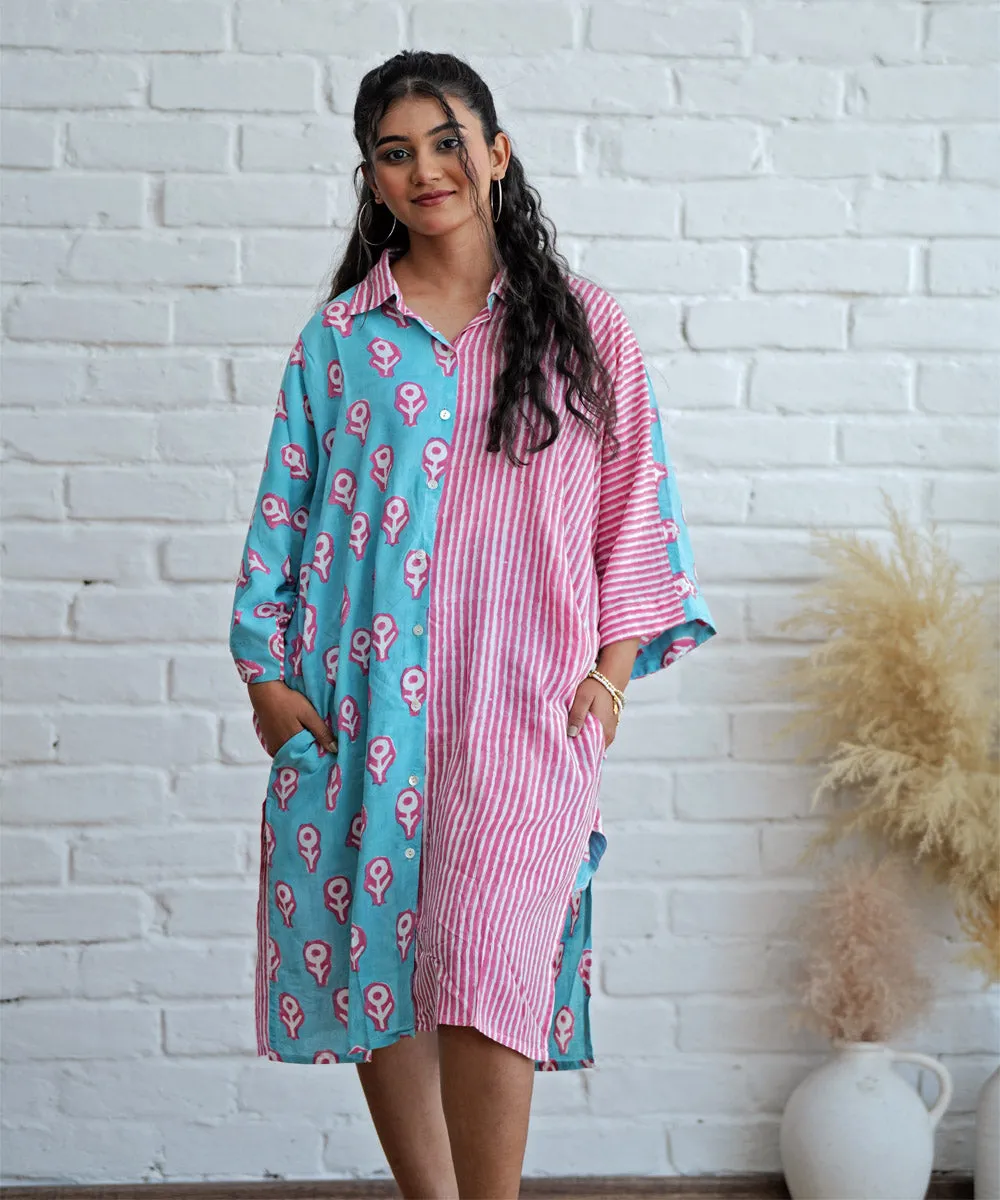 Blue pink handblock printed modal oversized shirt