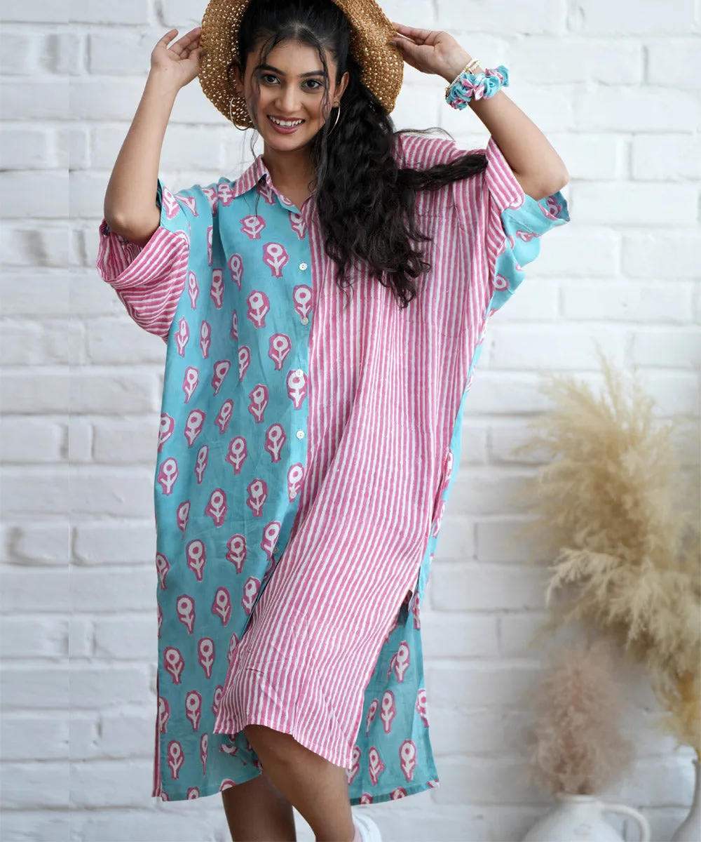 Blue pink handblock printed modal oversized shirt