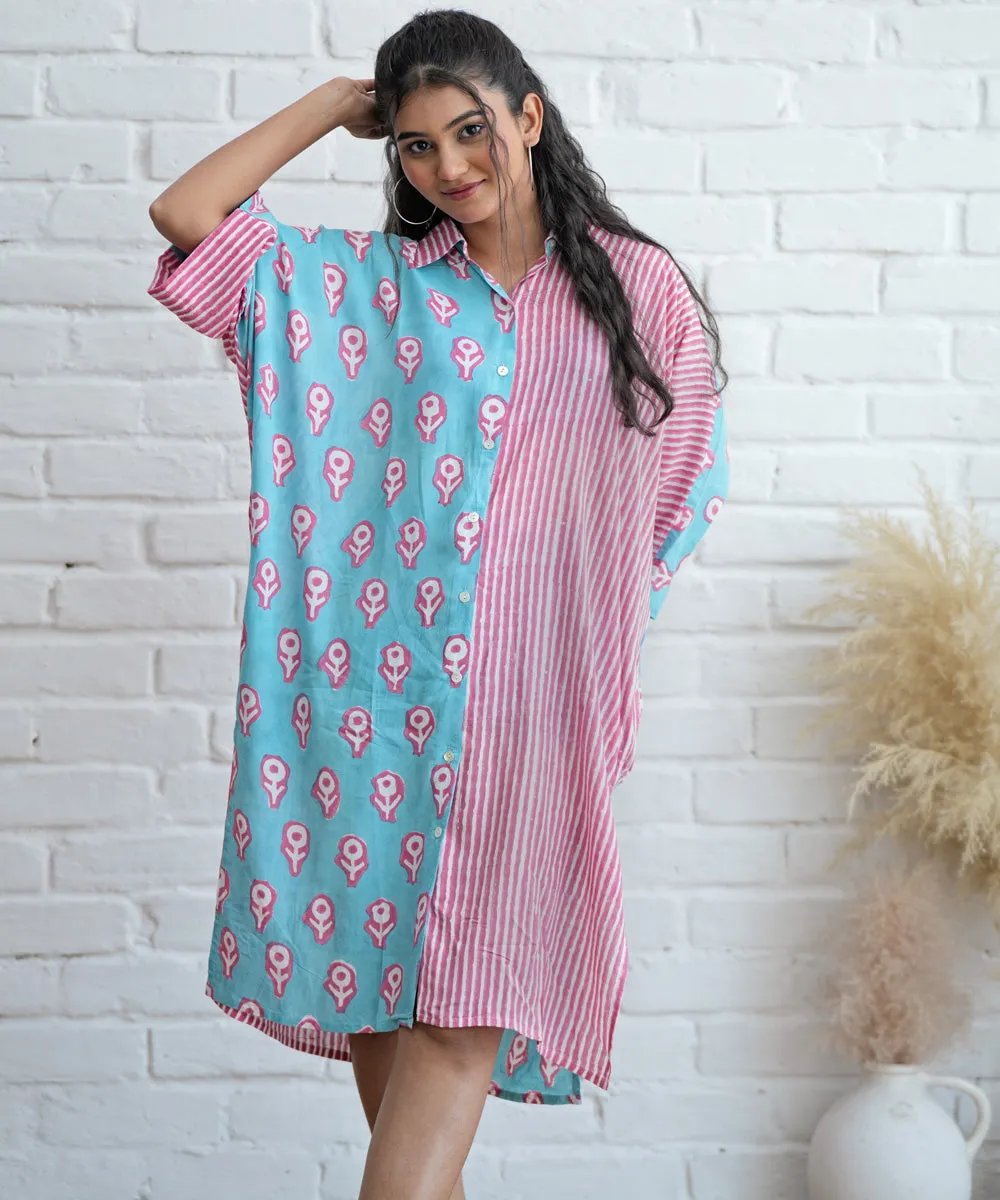 Blue pink handblock printed modal oversized shirt