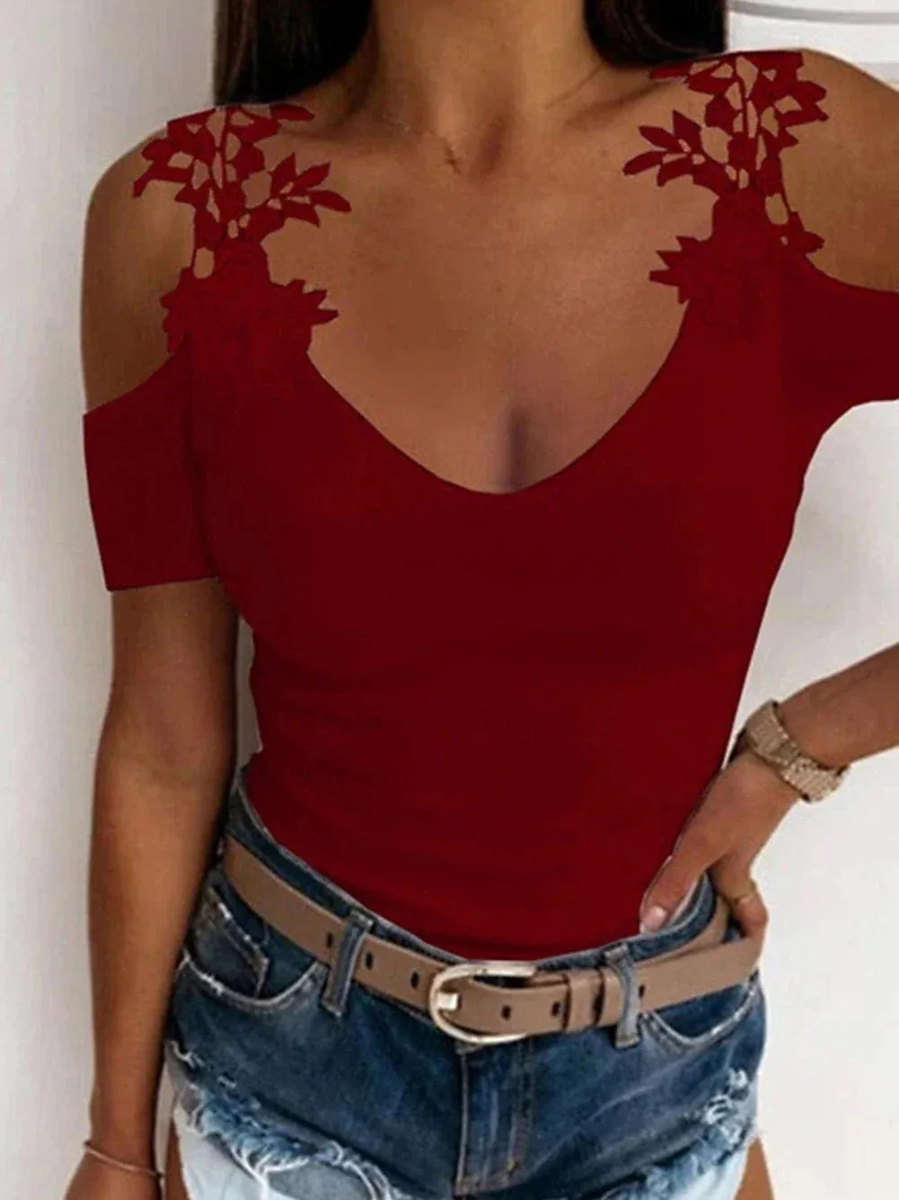 Burgundy Cold Shoulder T-shirt with Lace Cut Out Detail for Women