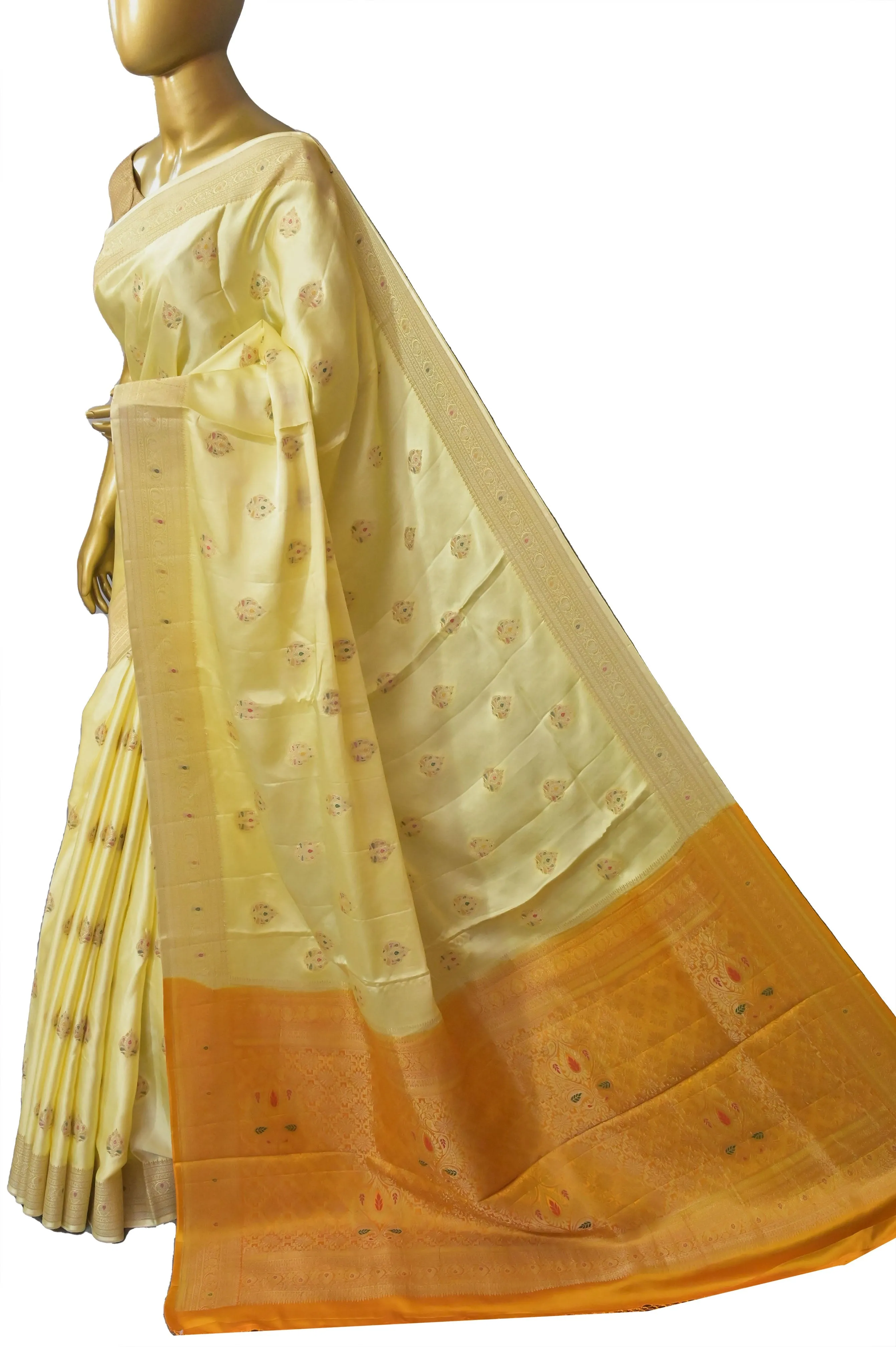 Butterscotch Yellow Color Satin Banarasi Silk Saree with Meenakari Work