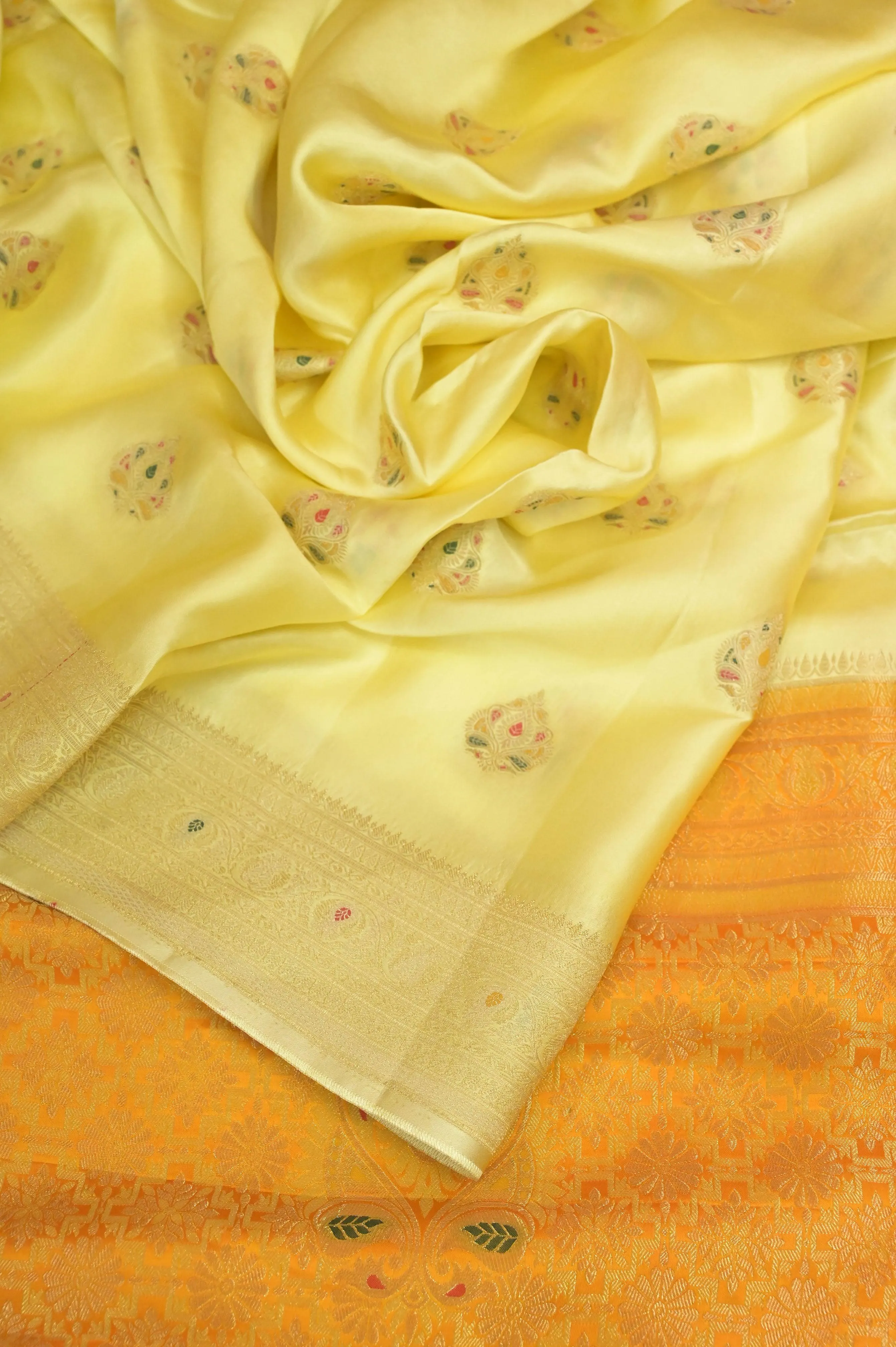 Butterscotch Yellow Color Satin Banarasi Silk Saree with Meenakari Work