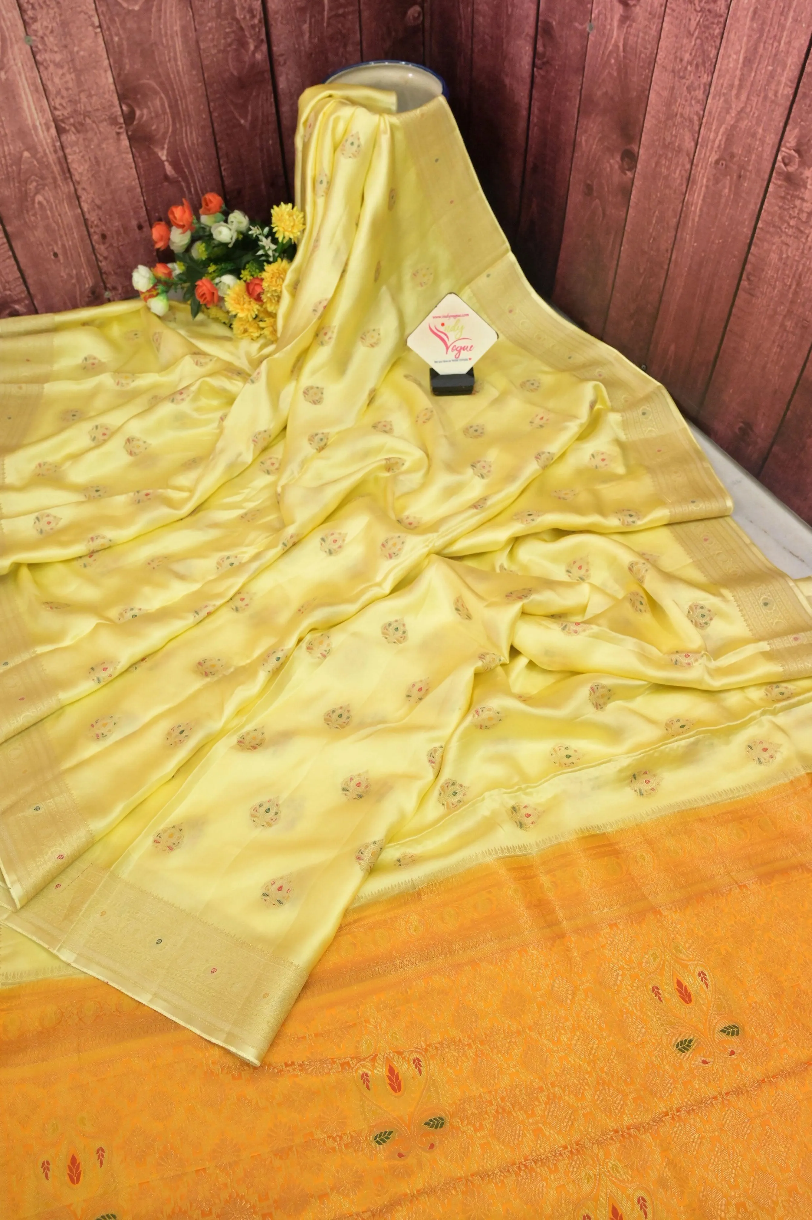 Butterscotch Yellow Color Satin Banarasi Silk Saree with Meenakari Work