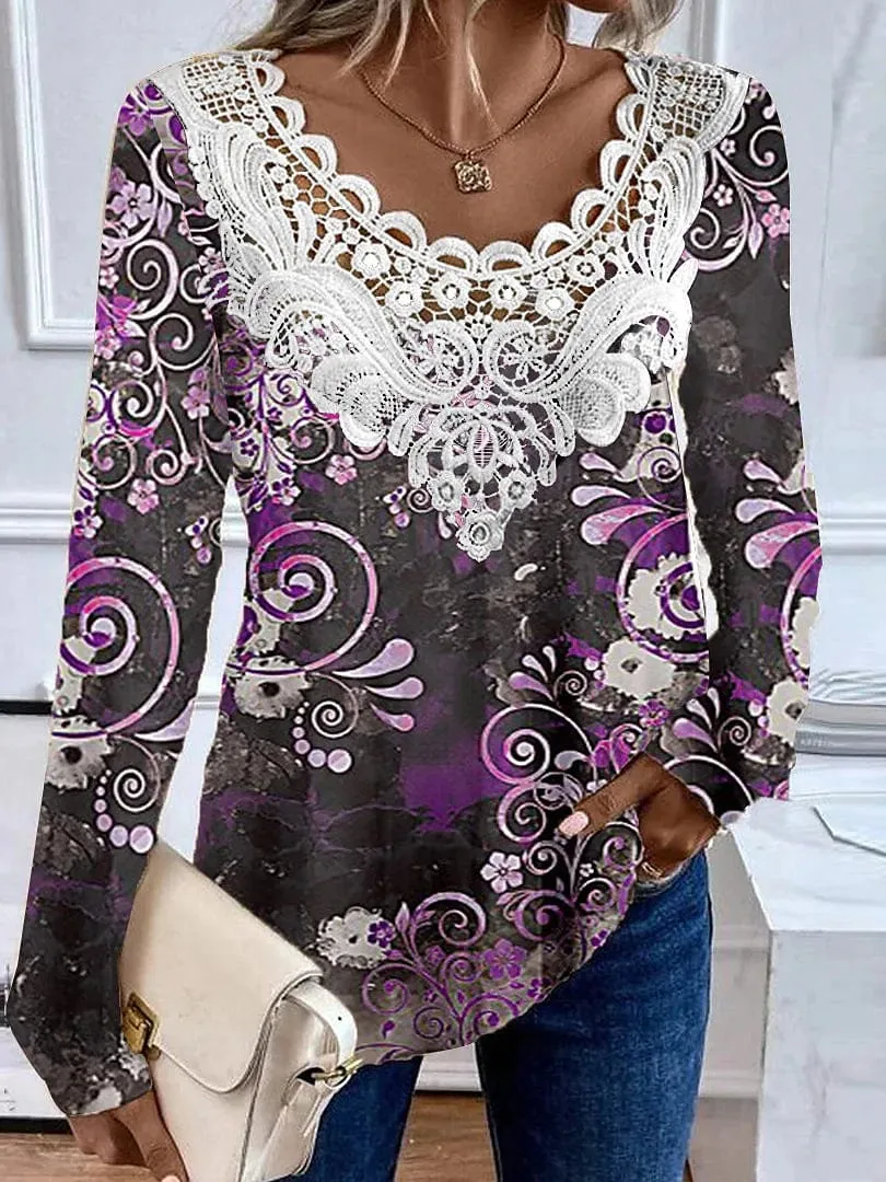 Casual Floral Long Sleeve Shirt Blouse for Women with Lace Patchwork