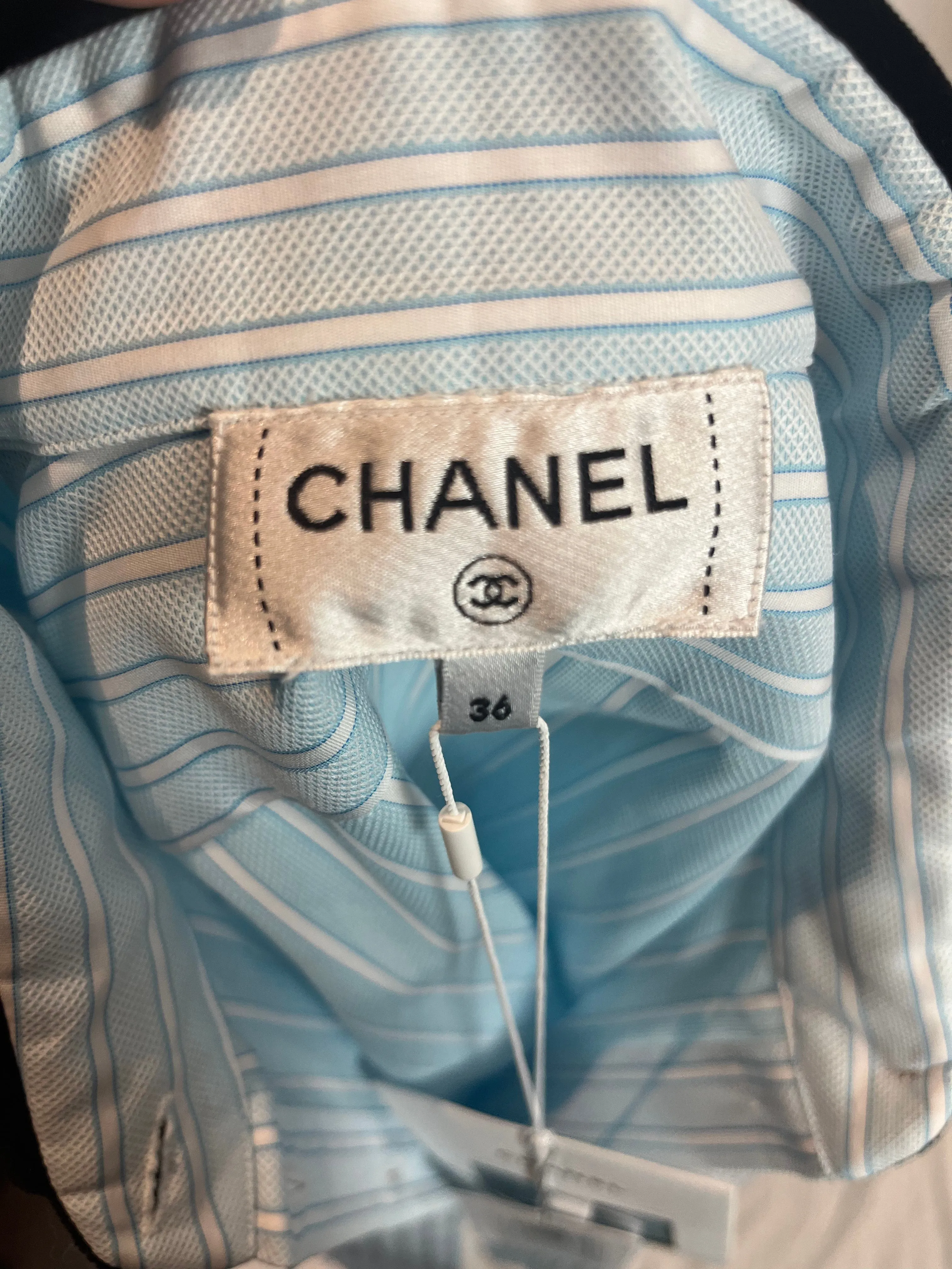 Chanel Brand New 2790 Blue Stripe Cotton Shirt with Velvet Collar XS