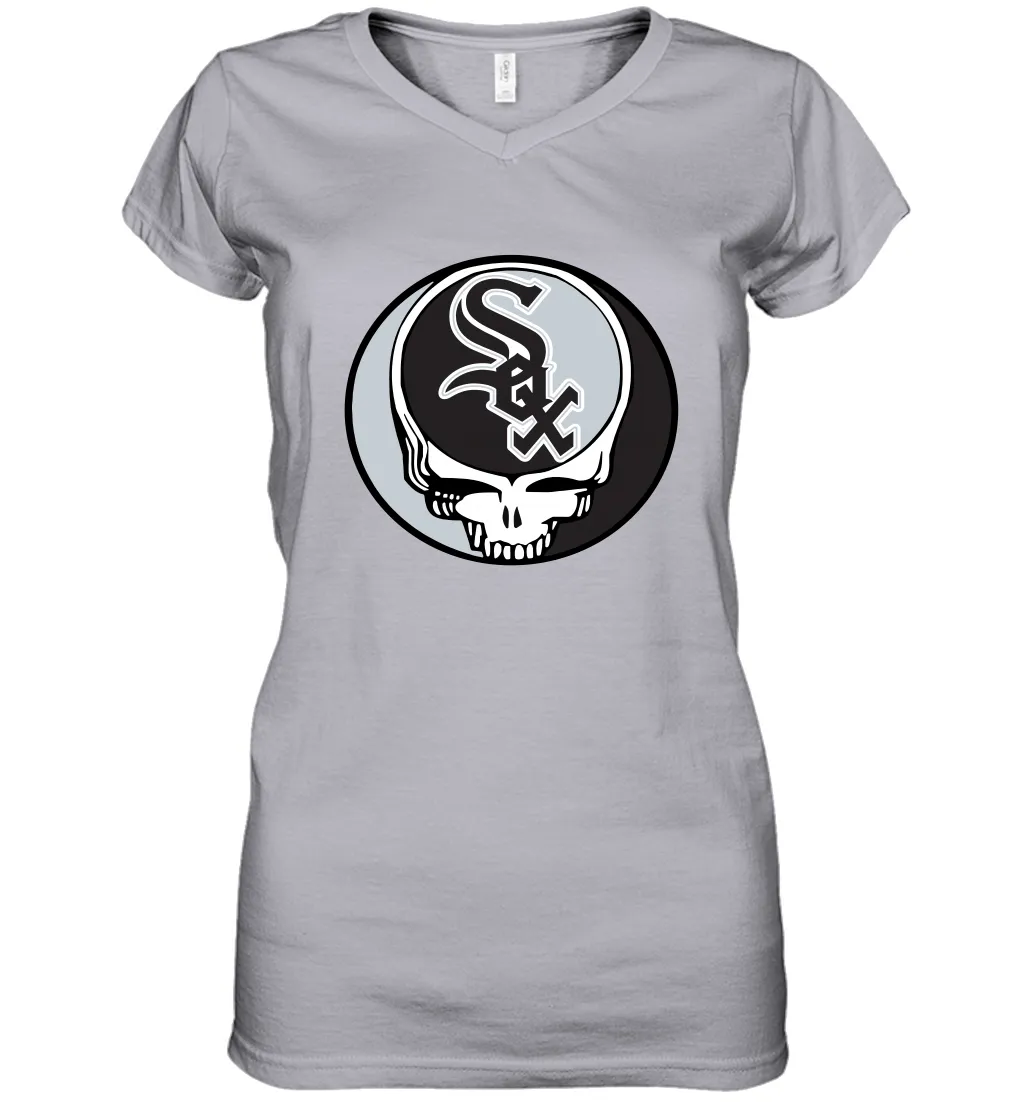 Chicago White Sox Grateful Dead Steal Your Face Baseball Womens V-Neck T-Shirt