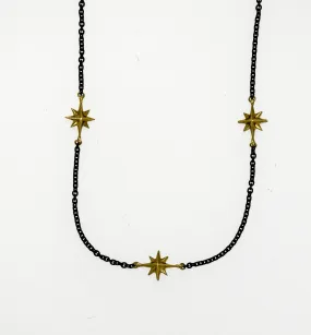 Compass Rose 14K Gold Endless Stars Necklace with Three Stars on Black Cable Link Chain