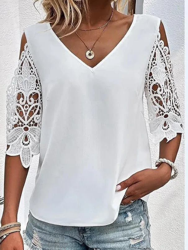 Elegant Women's Lace Shirt Blouse with V Neck and Eye-Catching Print