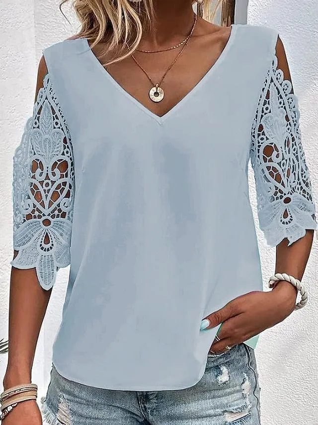 Elegant Women's Lace Shirt Blouse with V Neck and Eye-Catching Print