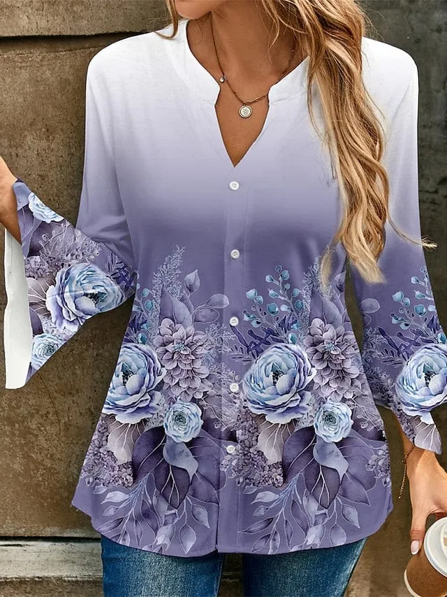 Floral Print V-Neck Women's Designer Shirt Blouse