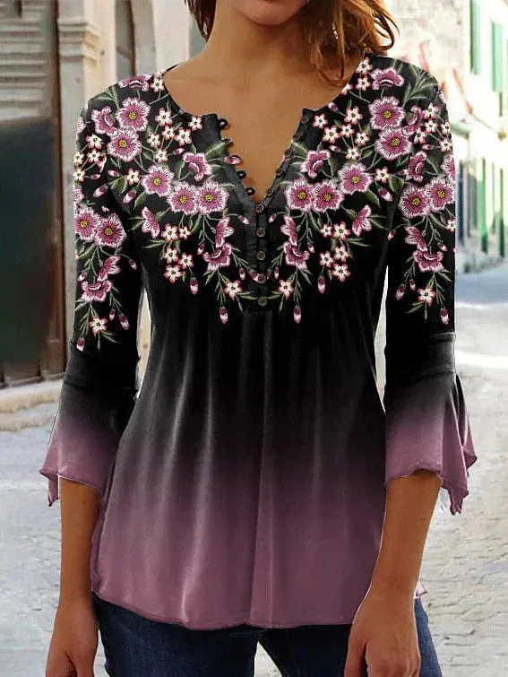 Floral Print Women's Shirt Blouse with 3/4 Length Sleeve