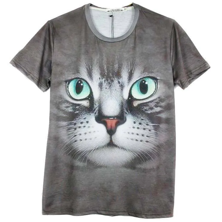 Grey Tabby Kitty Cat Face Print Graphic Tee T-Shirt for Women