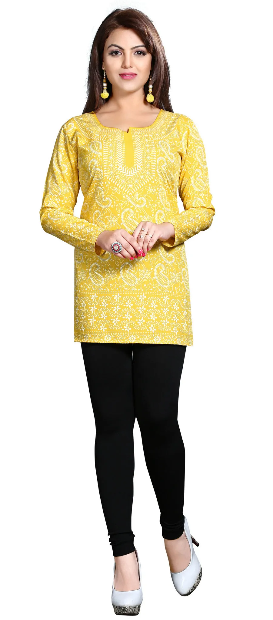 Kurti Top Long Tunic Womens Printed Blouse India Clothing (Yellow)