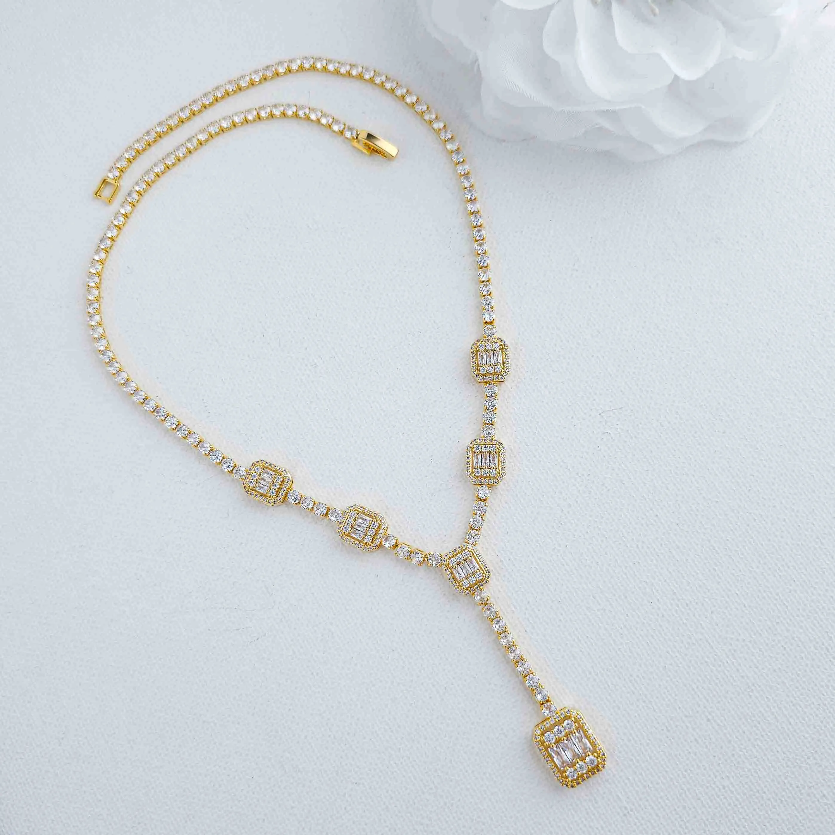 Long Gold Pendant Drop Necklace-Edith