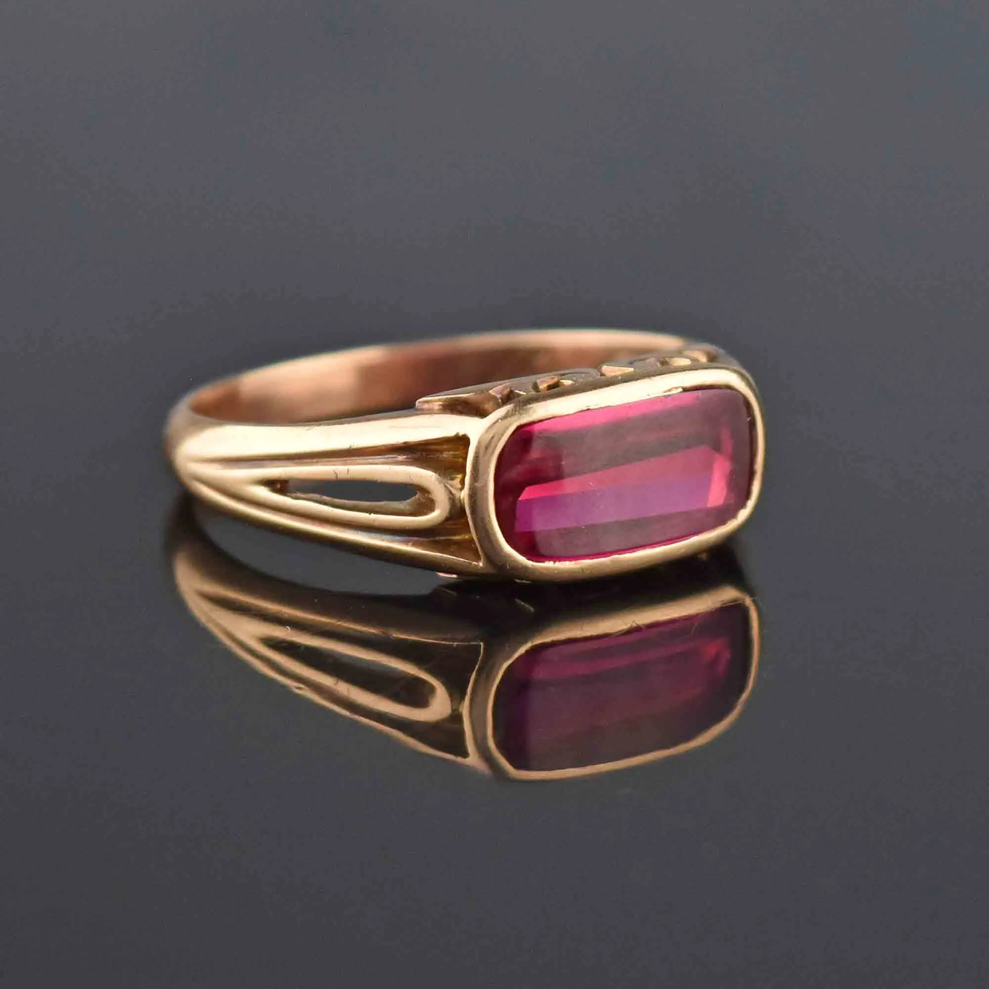 Mens Art Deco East West Gold Ruby Ring, Sz 9.75