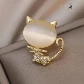 Natural Opal Bow Cat CZ Brooch/Lapel Pin