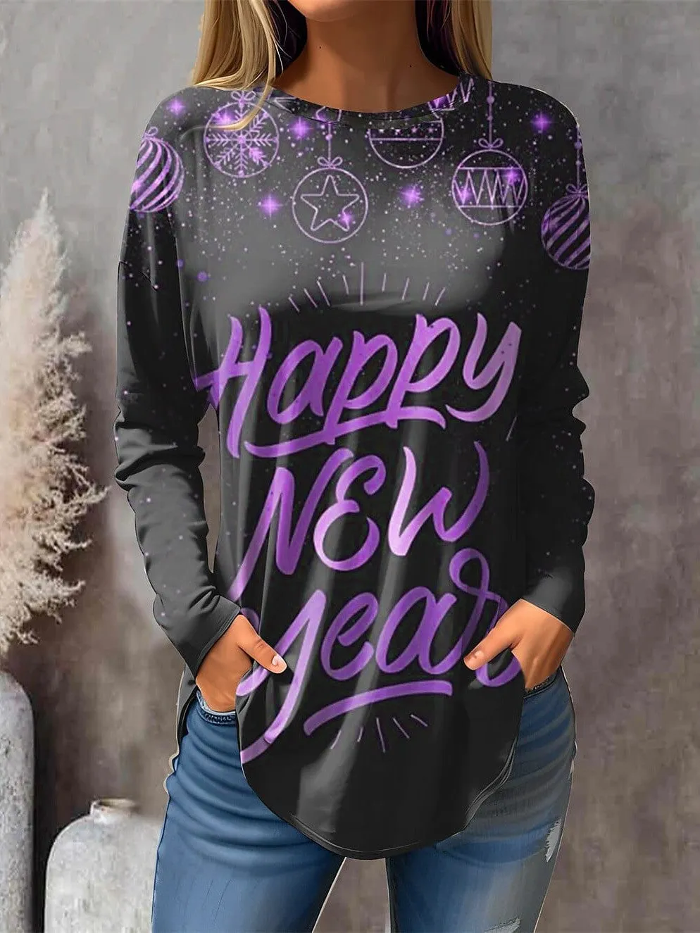 New Year Festival Women's Letter Print Long Sleeve T-shirt