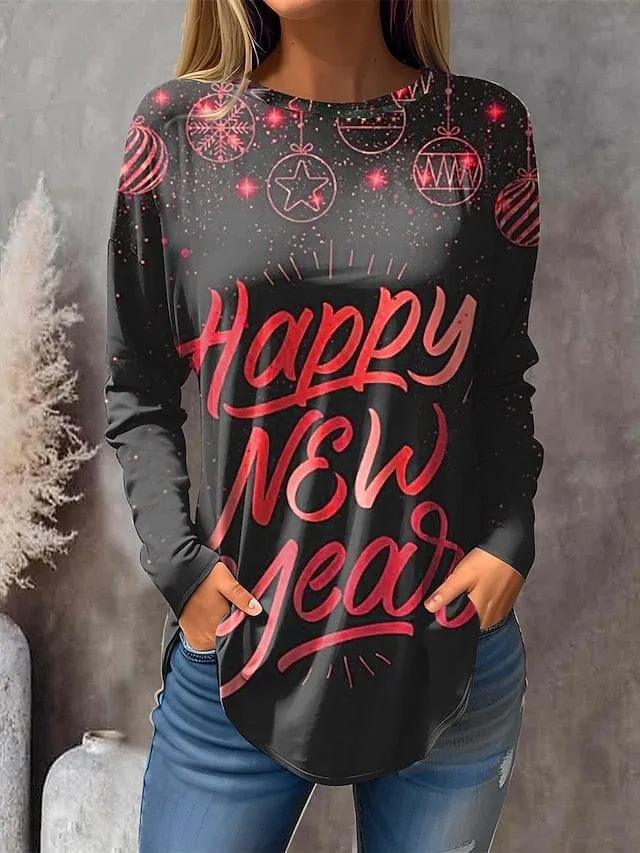 New Year Festival Women's Letter Print Long Sleeve T-shirt