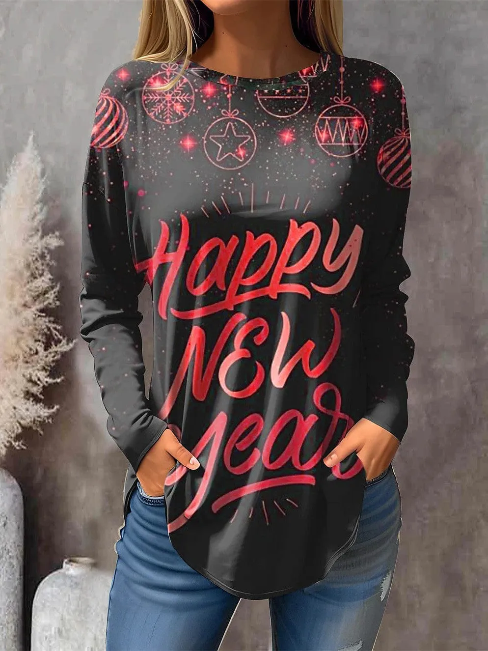 New Year Festival Women's Letter Print Long Sleeve T-shirt