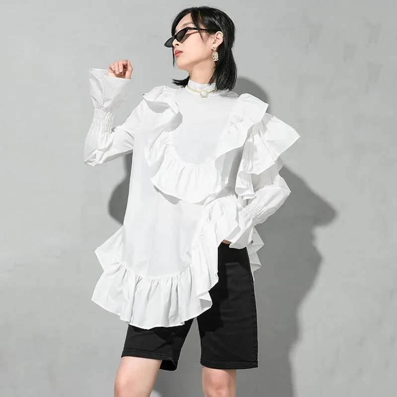 Okimi Asymmetrical Ruffle Long Sleeve Shirt - White