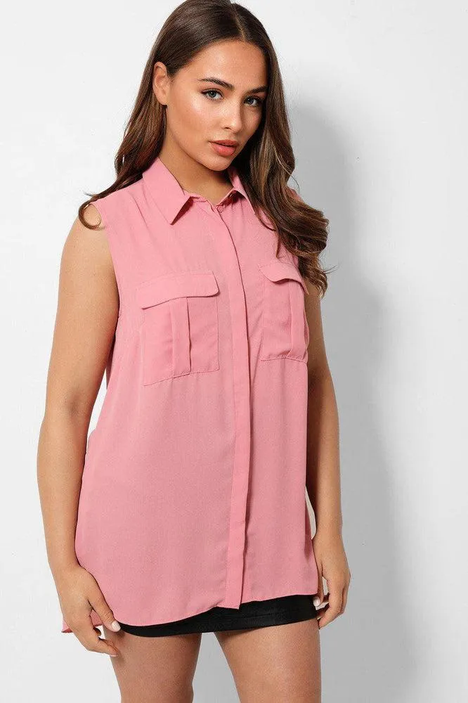 Pink Sleeveless Chest Pocket Shirt