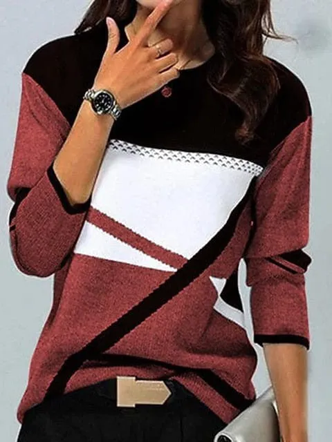 Plus Size Color Block Long Sleeve T-shirt for Women