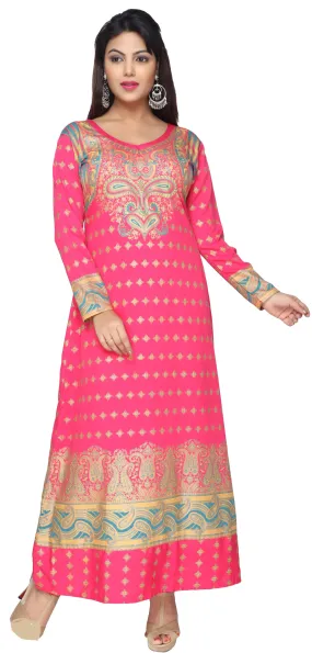 Printed Evening Caftan Women's Long Dress Maxi Abayas (Pink)