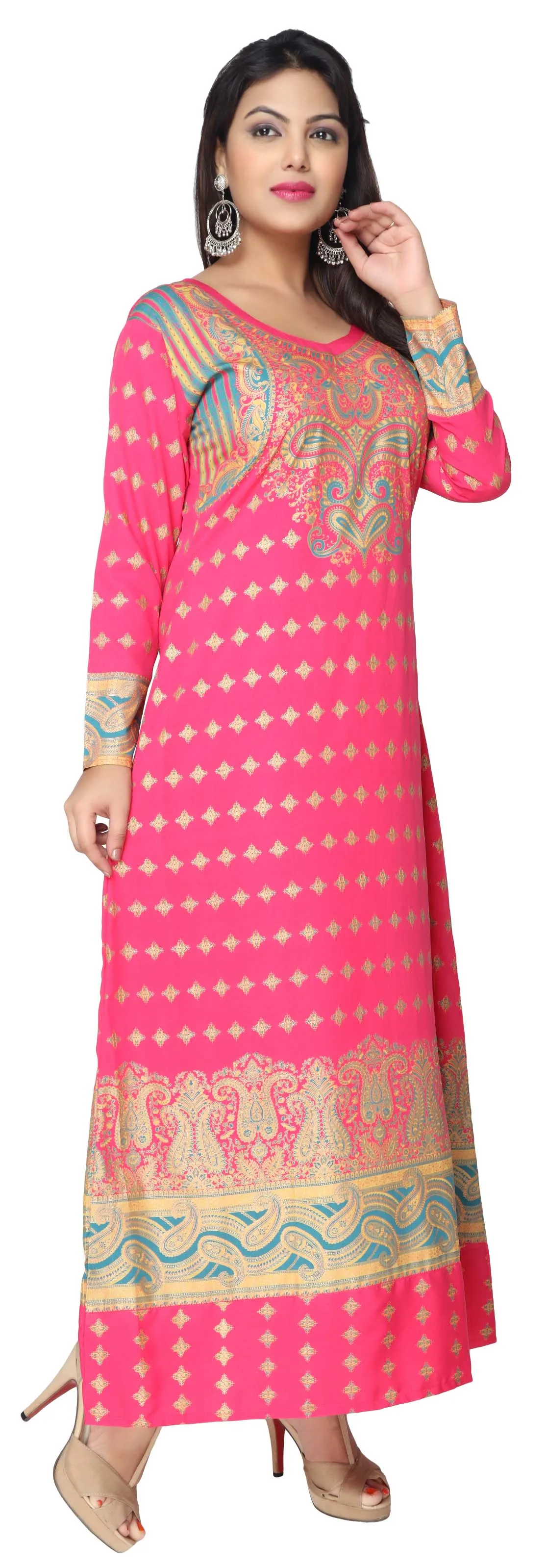 Printed Evening Caftan Women's Long Dress Maxi Abayas (Pink)