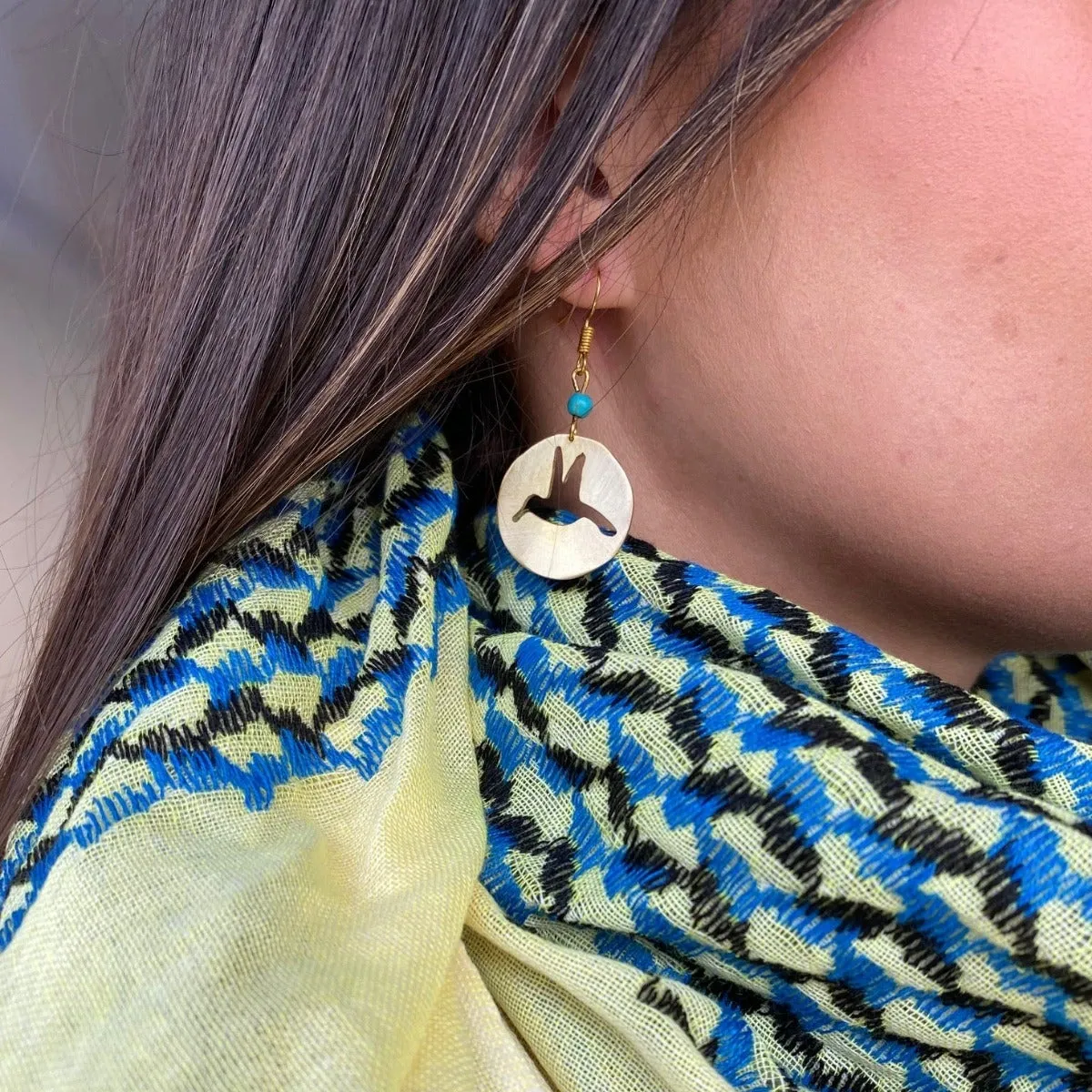 Sunbird of Palestine Brass Earrings with Blue Beads