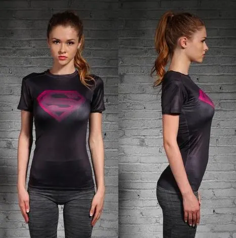 Supergirl 'Black/Pink' Compression Short Sleeve Rash Guard