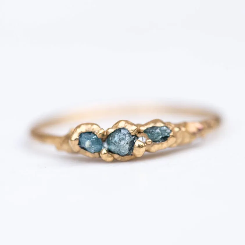 Three Stone Raw Blue Diamond Ring in Yellow Gold