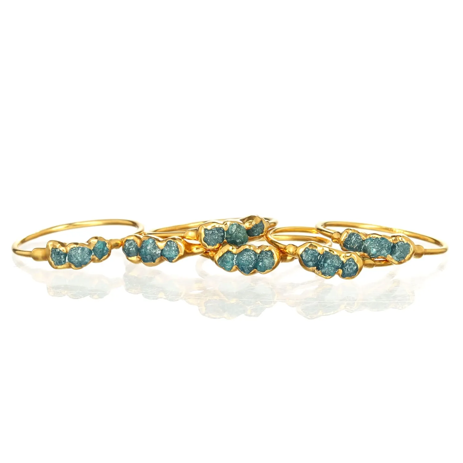 Three Stone Raw Blue Diamond Ring in Yellow Gold