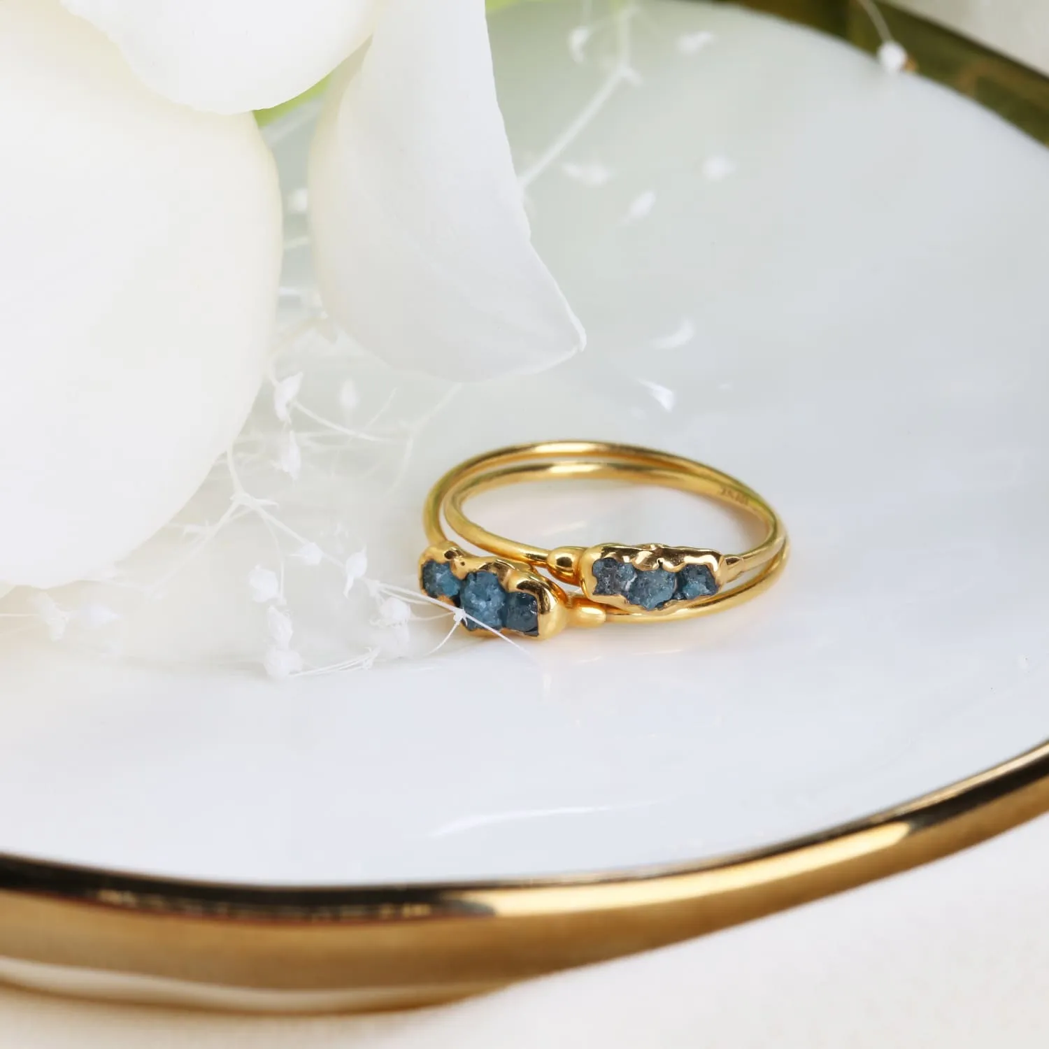 Three Stone Raw Blue Diamond Ring in Yellow Gold