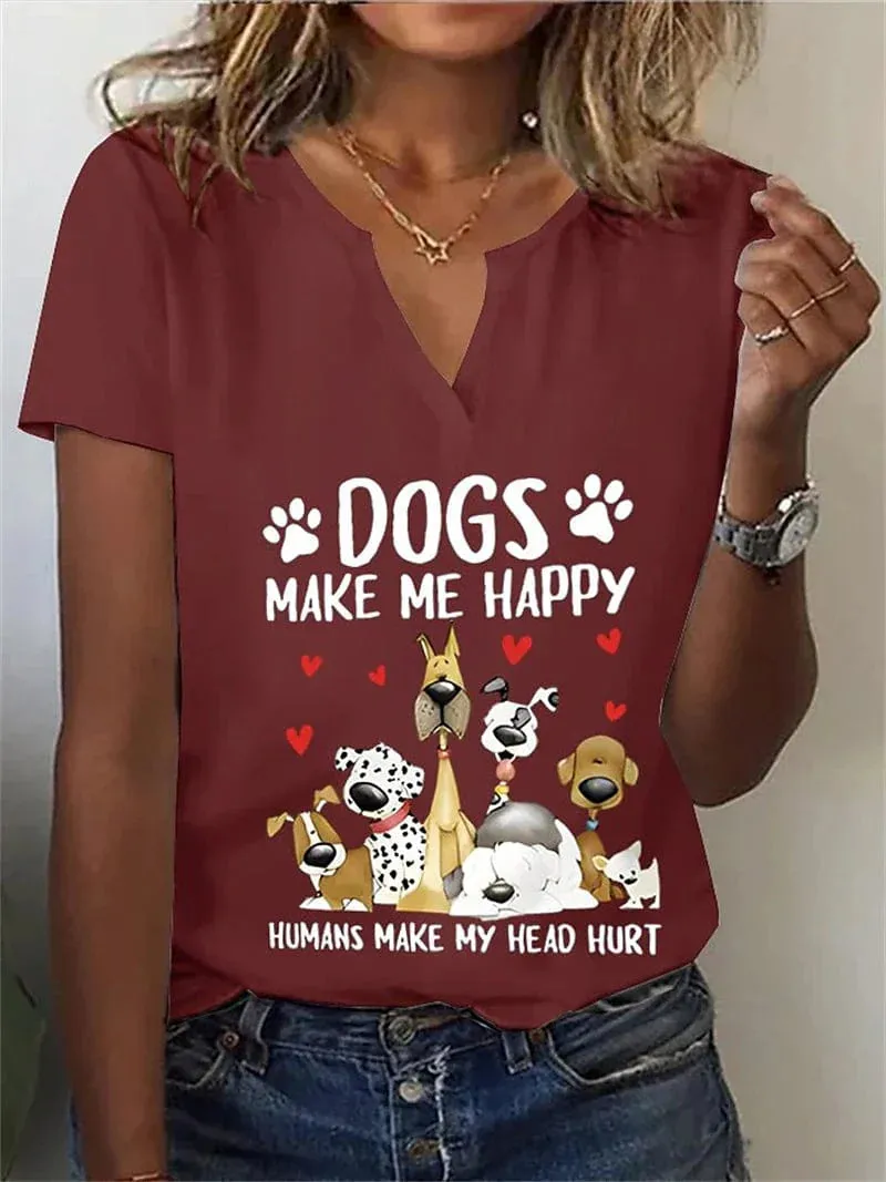 Trendy Women's Dog Print V-Neck T-Shirt with Short Sleeves