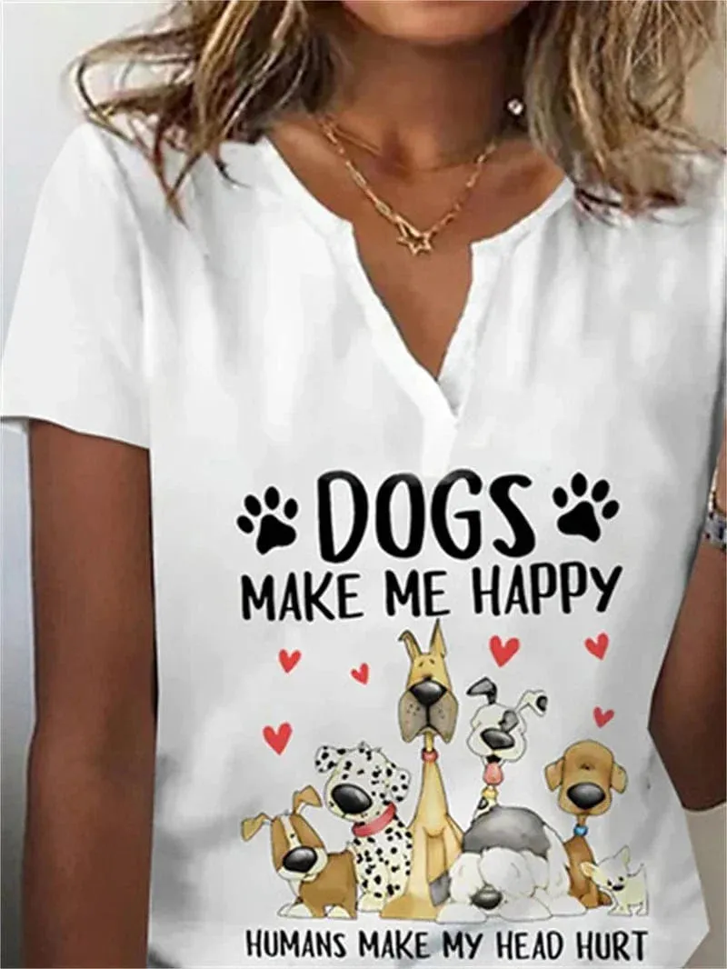 Trendy Women's Dog Print V-Neck T-Shirt with Short Sleeves