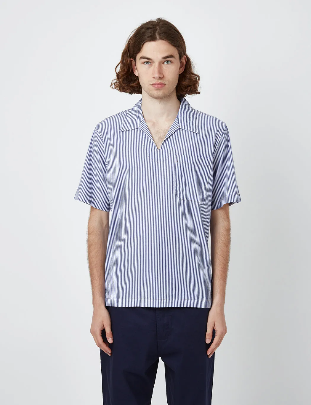 Universal Works Overhead Shirt (Poplin Stripe) - Navy Blue/White