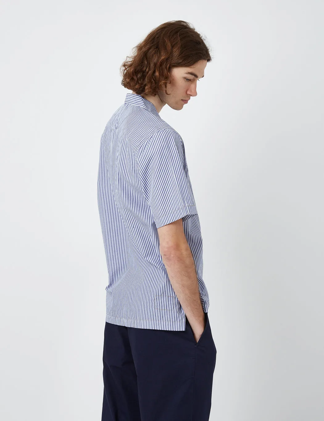 Universal Works Overhead Shirt (Poplin Stripe) - Navy Blue/White