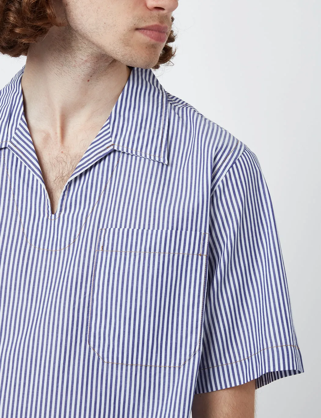 Universal Works Overhead Shirt (Poplin Stripe) - Navy Blue/White